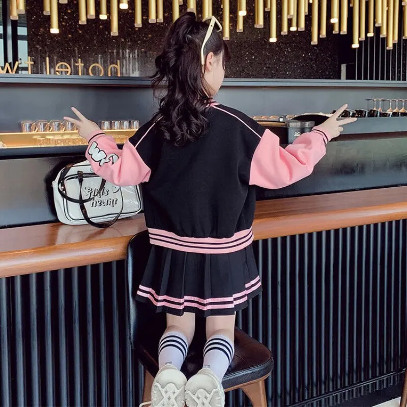 Girls Clothing Set Junior Girls Autumn Baseball Suits Jacket & Pleated Skirt 2 Pcs Outfits School Uniform 7-14Y