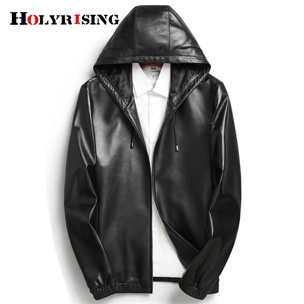 

New Genuine Leather Jackets Sheepskin Windproof Chaqueta De Los Hombre Hooded Soft Motorcycle Coats Zipper Black Menswear 19480