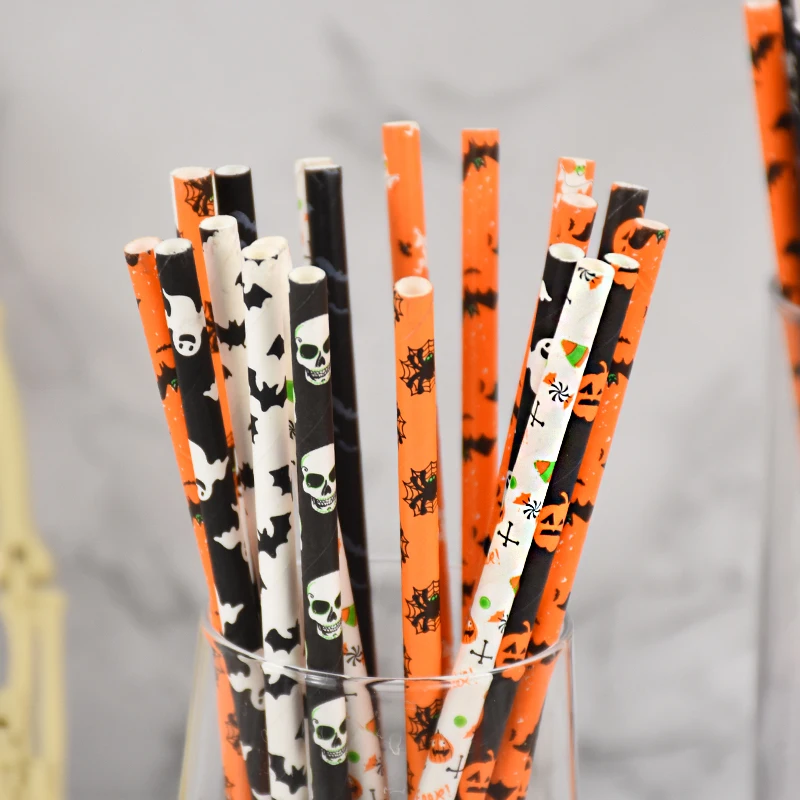 25/50 Pcs Halloween Black Orange Paper Straws Pumpkin Bat Spider Web Pattern Paper Drinking Straws for Halloween Party Supplies disposable paper straws