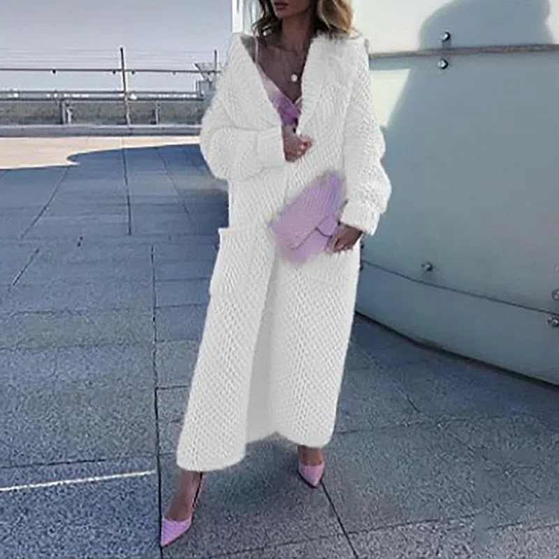 

Women Elegant Cardigan Ladies Winter Loose Long Sweaters Thick Turn Collar Solid Knitted Sweater Streetwear Female Knitwear New