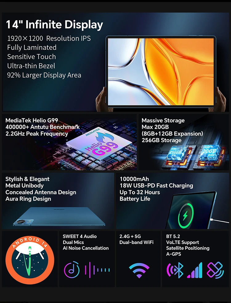 Teclast T70 Tablet 14" FHD Display Android 14 MTK Helio G99 8GB+256GB 10000mAh Battery 18W 4G LTE Global Version