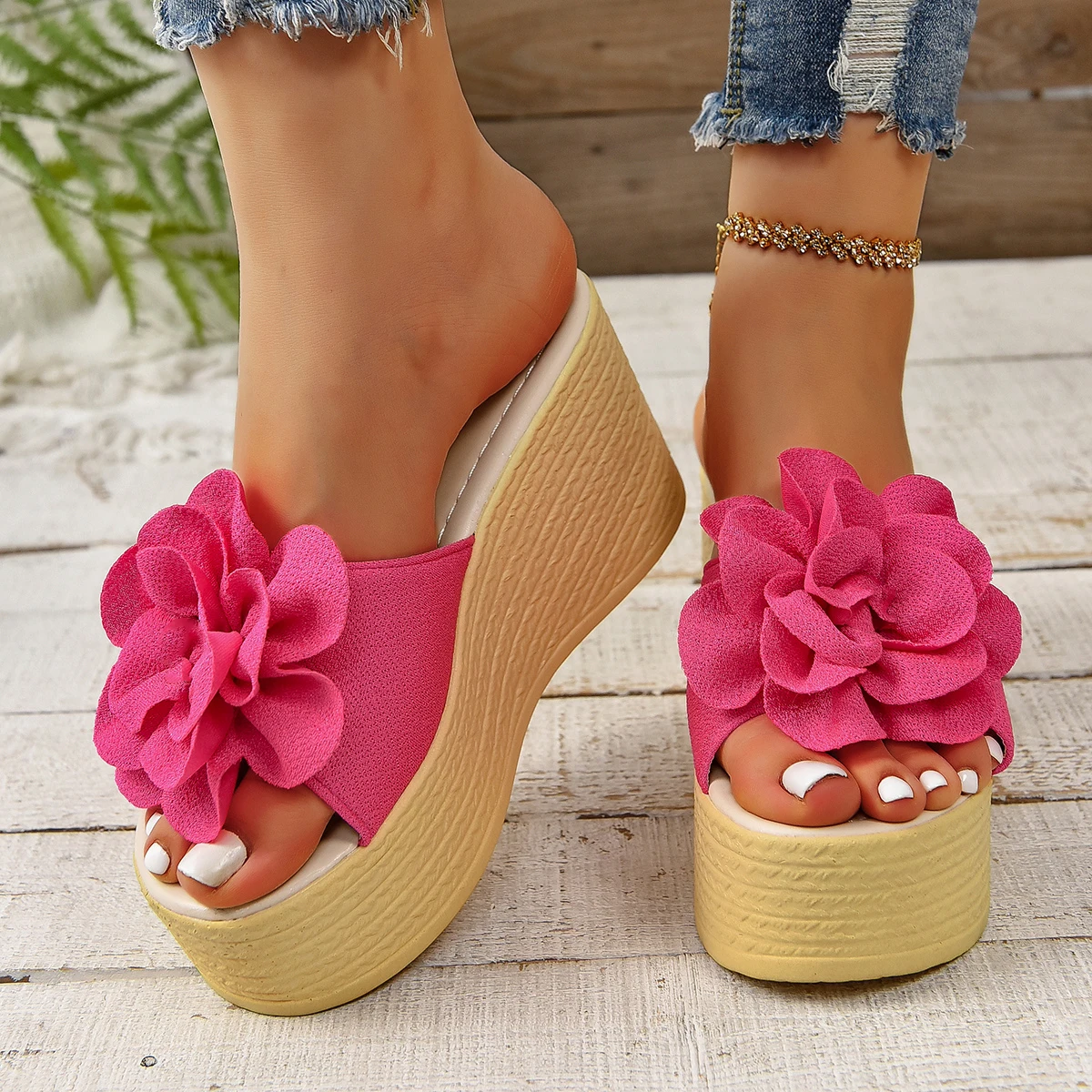 Aphixta Green Baby Pink New 3.54 Inch Hight Wedge Heels Appliques Flowers Platform Slides Women — view 5