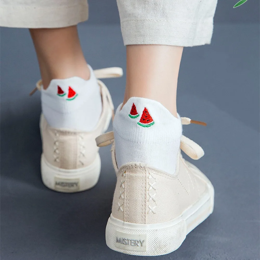 Women Socks Casual Solid White Socks Women Embroidery Fruits Avocado Strawberry Watermelon Banana Short Socks Summer Harajuku Ankle