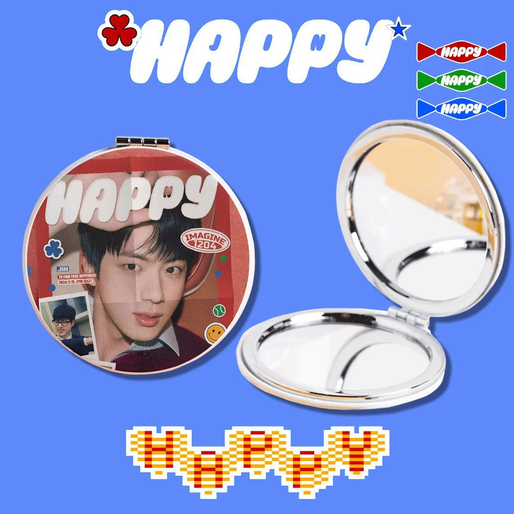 PU Leather Kpop Mini Portable Mirror HAPPY RUNNING WILD Makeup Folding Cosmetics Fun Gifts Accessories Merchs kpop mirror