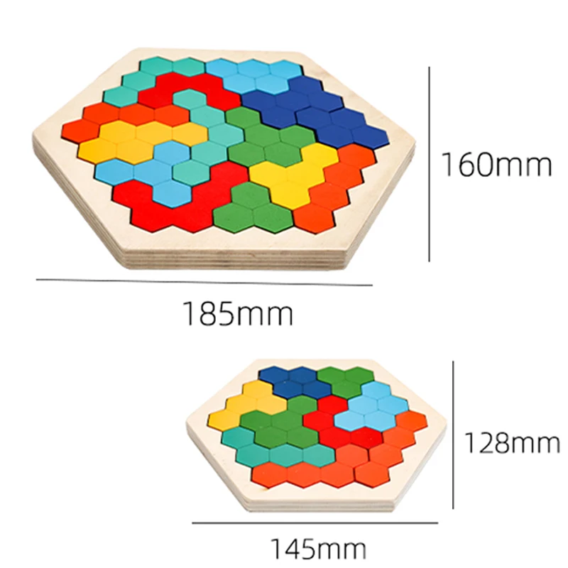 Wooden Hexagon Puzzle Geometric Tangram Jigsaw Shape Pattern Block Brain Teaser Toy Color Recognition Logic IQ Montessori Toy 6