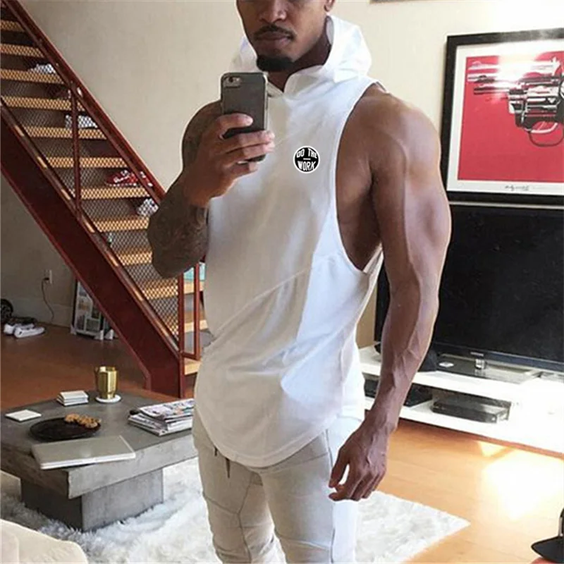 

Gym Mens Bodybuilding Sport Fashion Hooded Tank Tops Summer Cotton Splicing Sleeveless Moisture Wicking Running Workout T-shirt