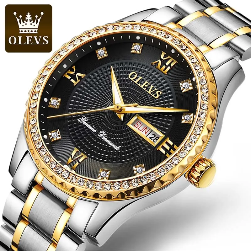 

OLEVS Top Luxury Brand New Watch Multifunctional Luminous Calendar Waterproof Watch Gold Quartz Watch Diamond Set Men's Watch