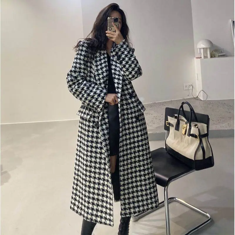 

2023 Spring and Autumn Seasons Korean Classic Thousand Bird Extra Set Medium Length Over Knee Plaid Coat Woolen Coat for Women