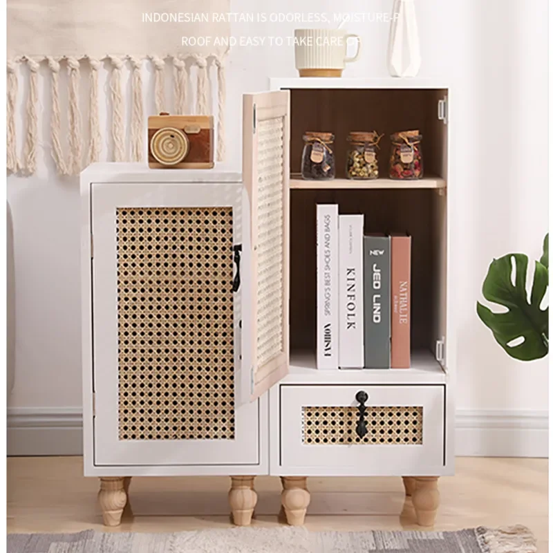 Solid Wood Rattan Woven Storage Cabinet Modern Bedside Table Multi-functional Sofa Cabinet, Bedroom with Drawers, Home Furnitu