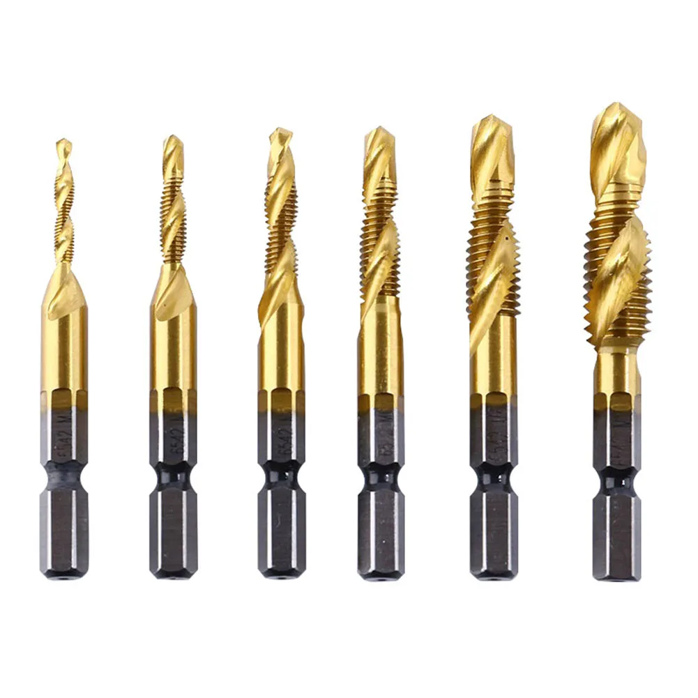 

6Pcs Tap Drill Bit Compound Tap Titanium Plated Hex Shank HSS Metric Thread M3-M10 For Chamfering Tools Hand Drill Accessories