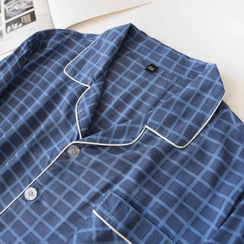 New spring and autumn men's 100% viscose pajamas long-sleeved trousers summer thin cotton plaid home service two-piece suit men