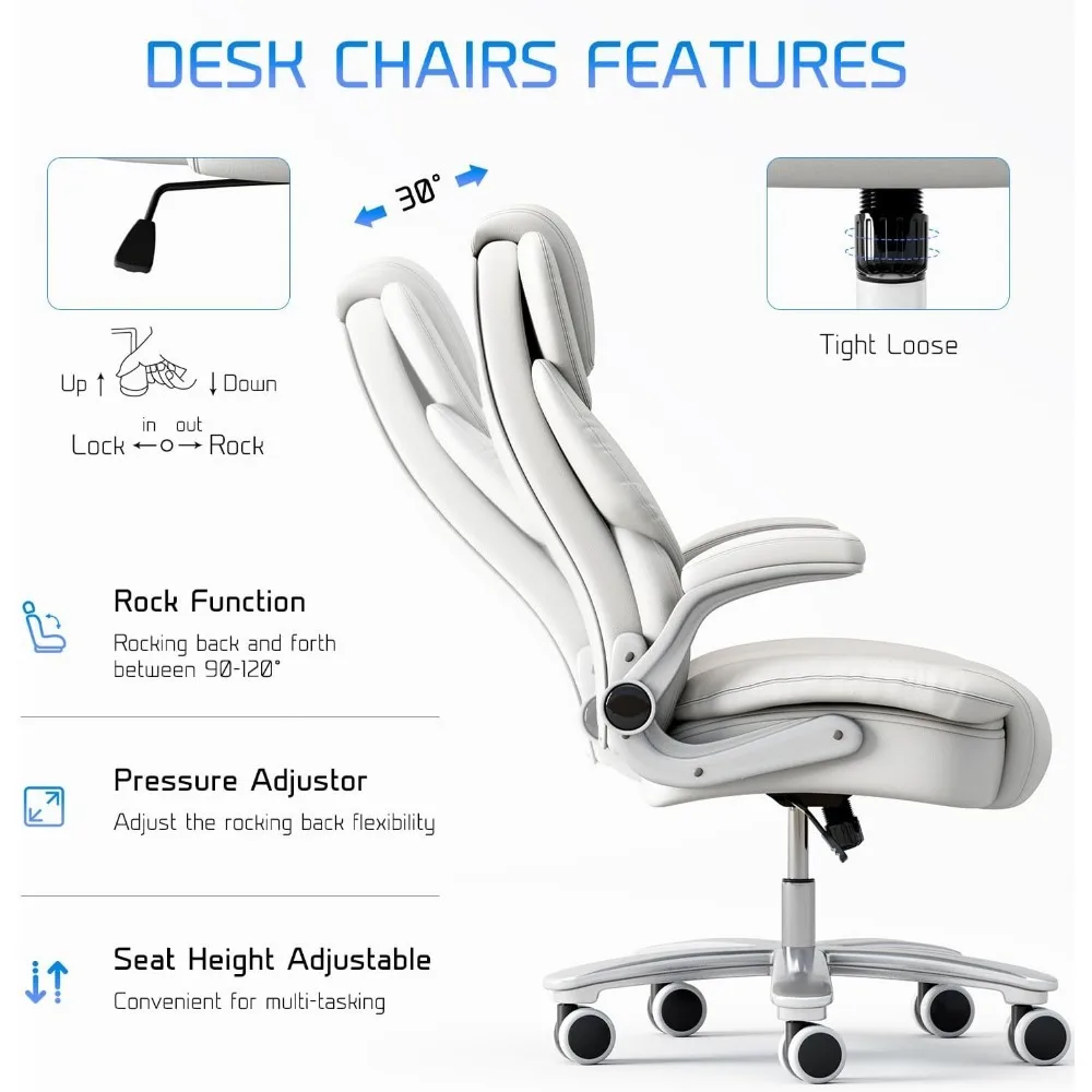 Big and Tall Office Chair 400lb Wide Seat, High Back Leather Executive Office Chair with Flip-up Arms, Ergonomic Desk Chairs 5