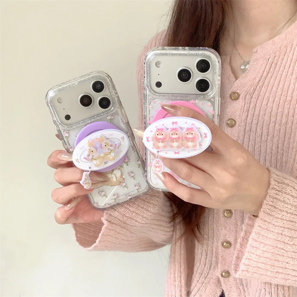 Korean Little Flower Rabbit Magnetic Phone Case with Magsafe Holder - Shockproof Cover