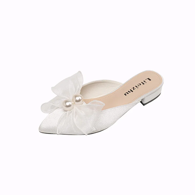 우아한 숙녀 레이스 bowknot 여름 신발 여성 실크 슬리퍼 지적 발가락 메드 하이힐 슬라이드 진주 sandalias mujer 빅 사이즈 43