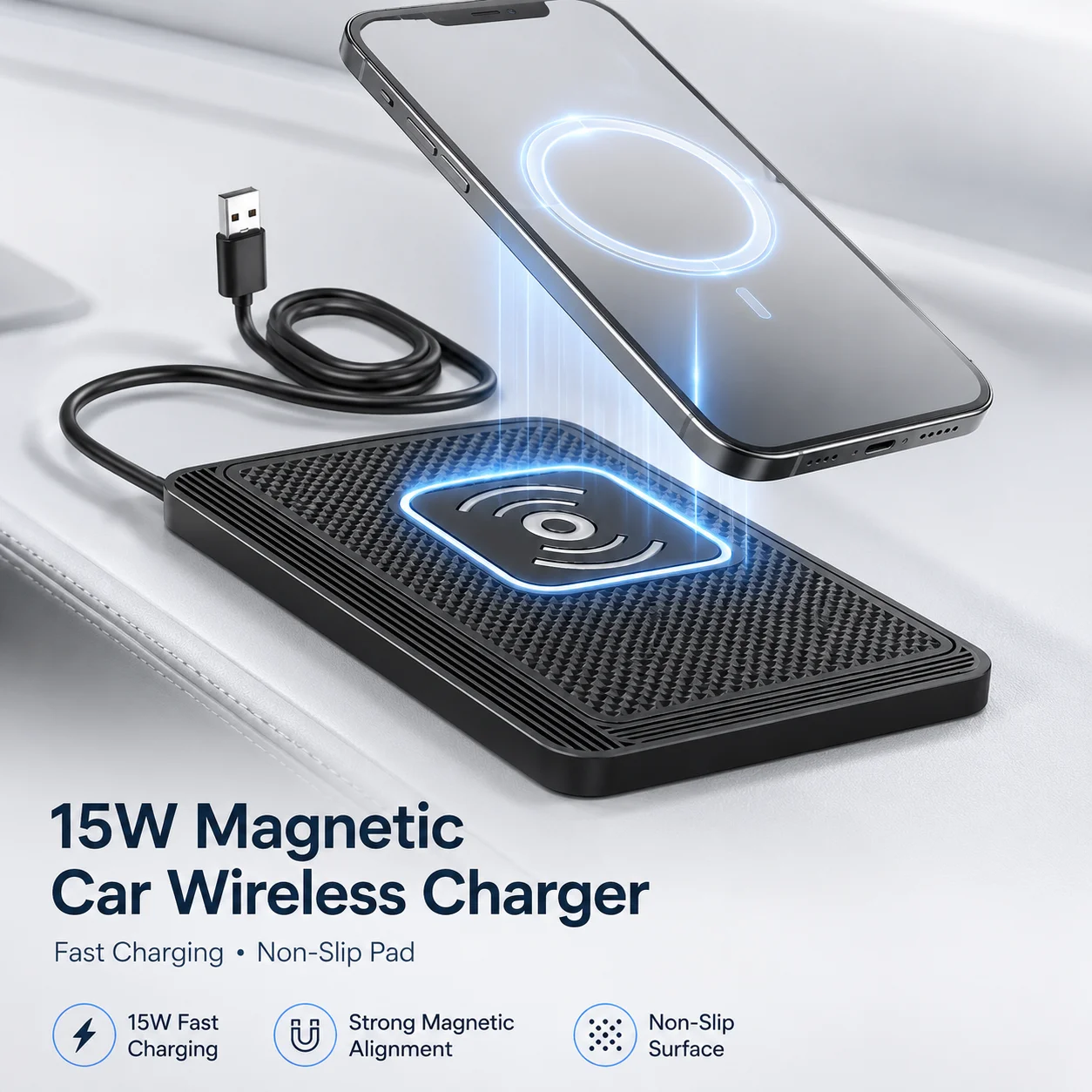 Fast Wireless Car Charger Pad with Anti-Slip Mat - Universal Case-Friendly Design