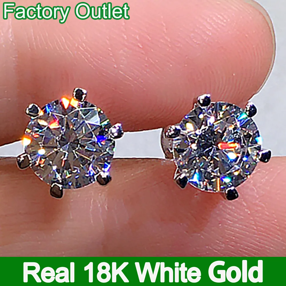 Real 18k White Gold Stud Earrings Women 1 2 3 4 5 Ct Round Moissanite