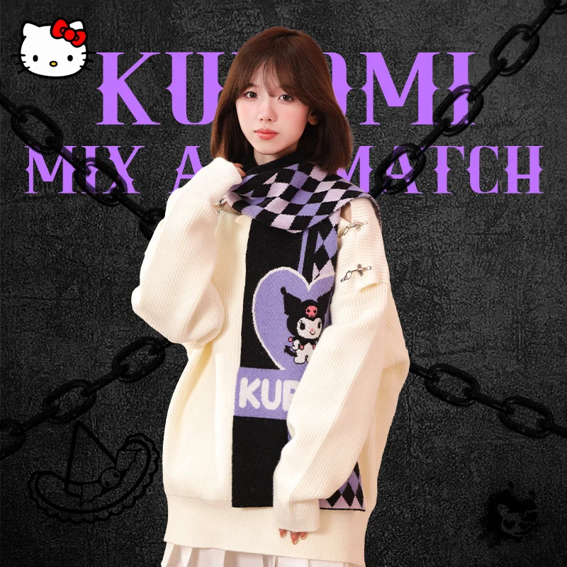 

Sanrio Kawaii Anime Kuromi Scarf Cinnamoroll My Melody Wool Plaid Autumn Winter New Warm and Thickened Windproof Knitted Scarf