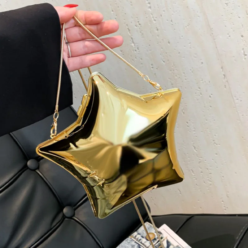 Five-Pointed Star Dinner Bag 2024 New Glossy Shoulder Bag Niche Design Gold and Silver Chain Women's Fun Party Bag