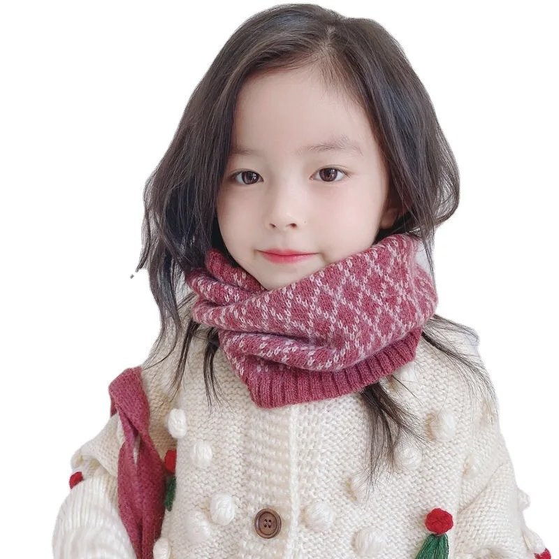 Fashion Diamond Grid Knitted Children's Scarf Winter Warm Windproof Cute Boys and Girls Neck Cover Scarves Clothing Accessories