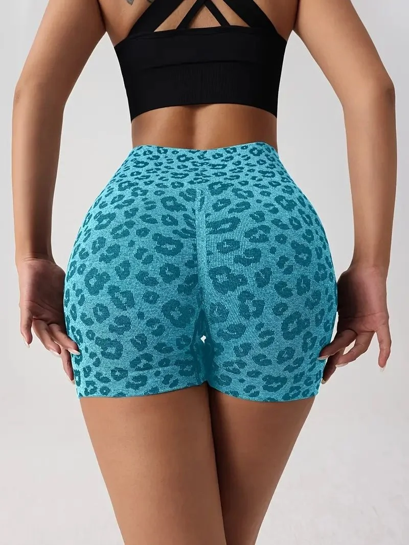 Leopard Print High Waist Yoga Shorts - Womens Gym Fitness Summer Leggings