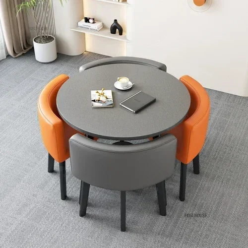 Conjunto de mesas de jantar redondas nórdicas, móveis para sala de jantar, cozinha, conjunto de mesa de jantar com 4 cadeiras, luz para casa, mesas centrais de luxo 16