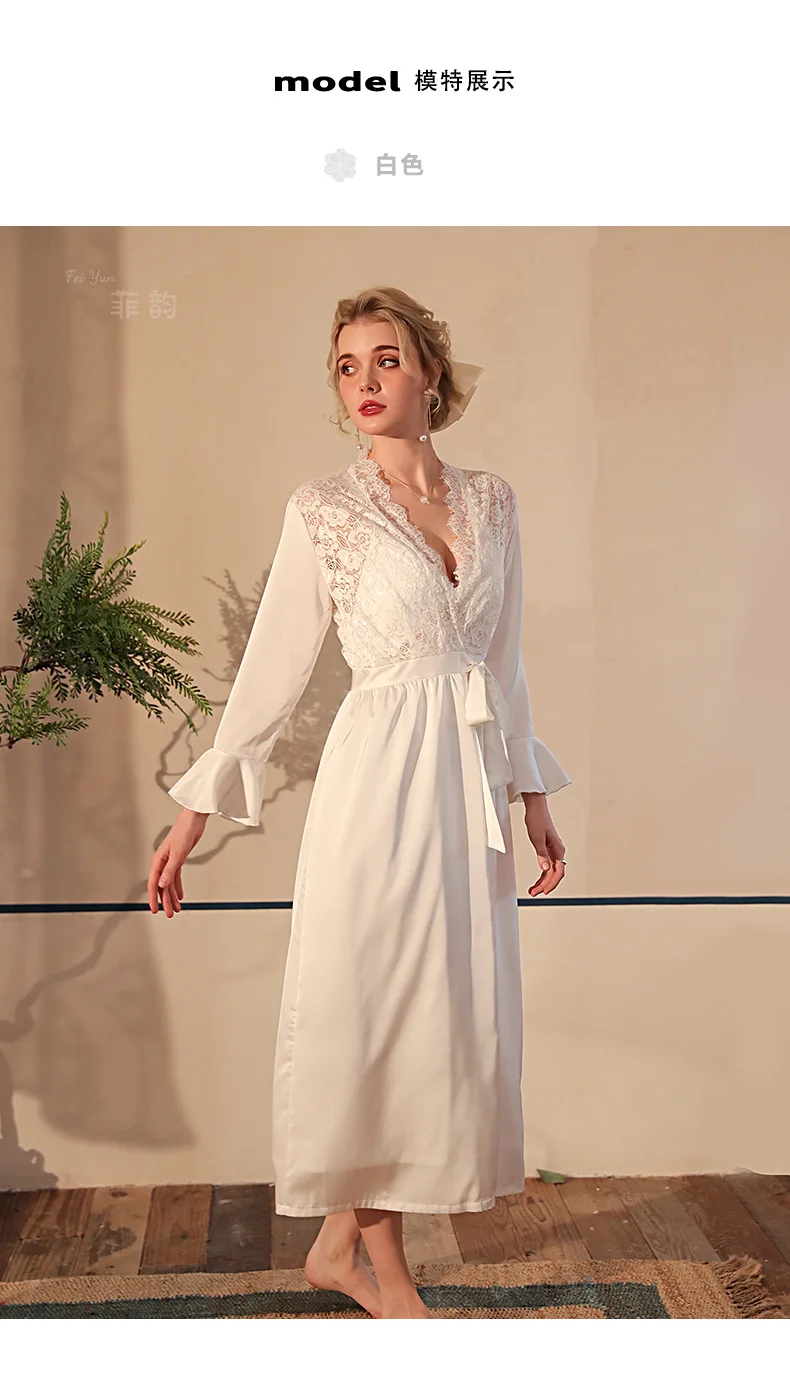 Frühling Sommer Sexy Seide Satin Spitze Nachtwäsche Kleid Lange Ärmeln Bademäntel Für Frauen Lose Hause Kleidung Casual Nachtwäsche Robe – Detail 2