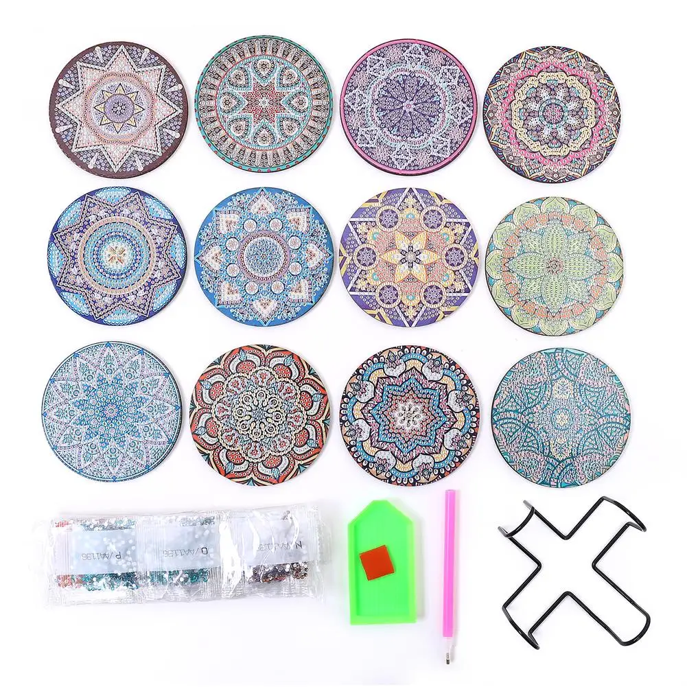 12pcs Diamond Art Coasters With Holder Diy Mandala Pattern Drink Cup Cushion Strong Adhesion Diamond Painting Kits For Crafts