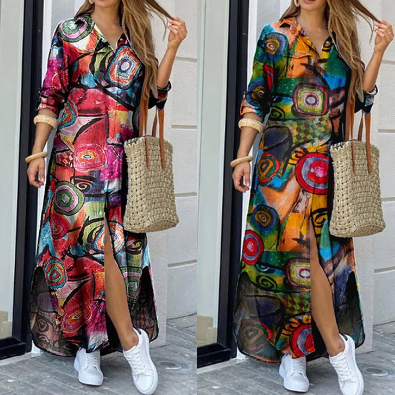 

2023 New Printed Large Women's Dress Cotton Linen Shirt Dress