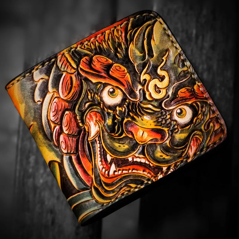 

Короткие Кошельки ручной работы с изображением Льва, кошельки для женщин и мужчин, клатч, тонкий кошелек из растительного дубленого кожи, держатель для карт, благоприятный кошелек