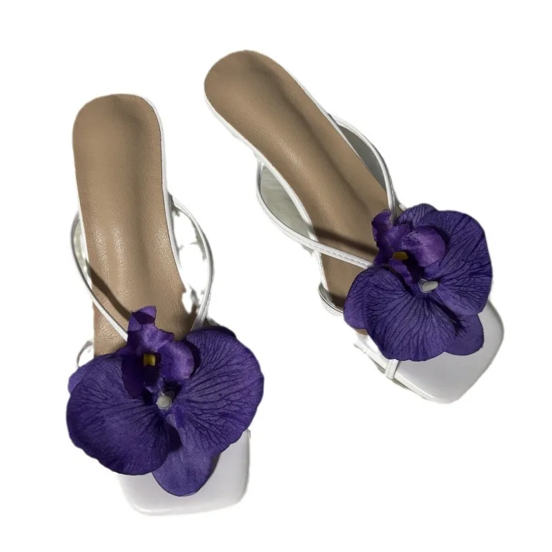 Orchid Flower Floral Square Toe Prom Slingback Heels for Women women slippers