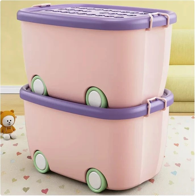 thumbnail image 1 of Cajas de almacenamiento de juguetes para niños, organizadores de almacenamiento de ropa de bebé y bocadillos, cajas organizadoras de plástico, caja apilable de gran tamaño con ruedas, 1 of 5
