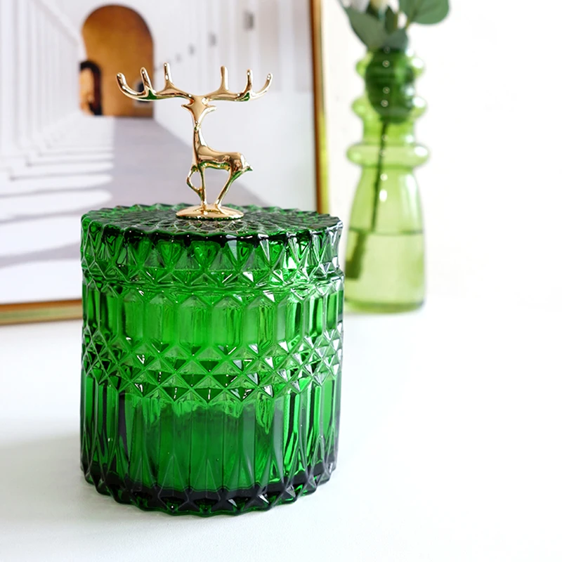 French Elk Glass Storage Jar Luxury Green Jewelry Cotton Swab Box Desktop Small Object Aromatherapy Candle Bottle Decor