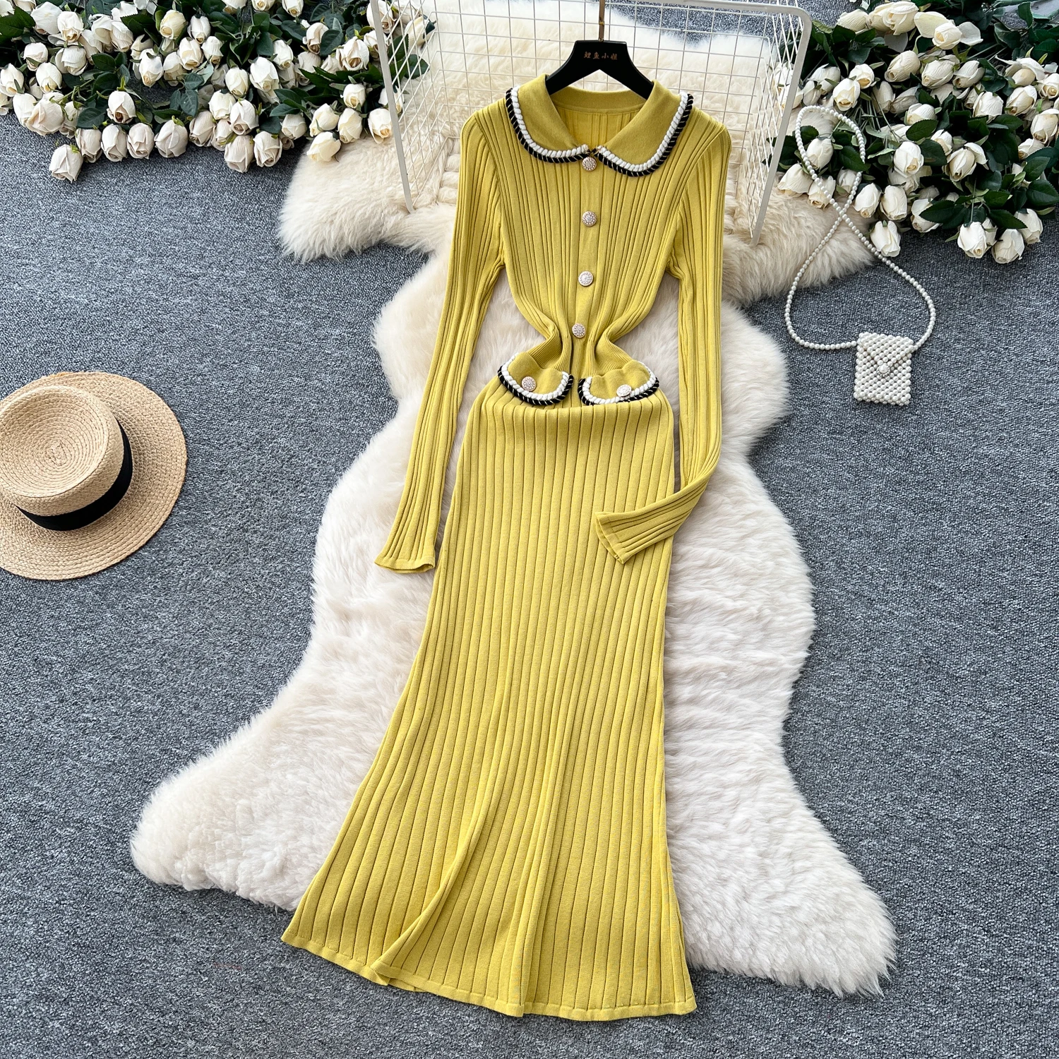 SINGREINY Autumn Office Lady Knitted Dress Female Contrast