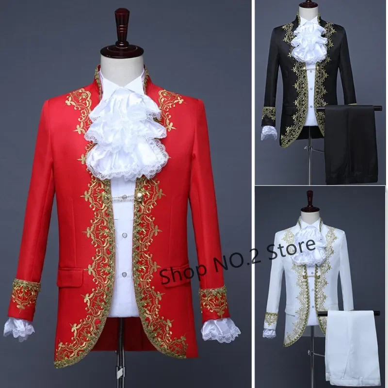 

Carnival Wedding Costume Prince Bridegroom Mens Blazer Dress Suits Jabot Lace Tie For Adult Tops Jacket Coat+Pants Trouser