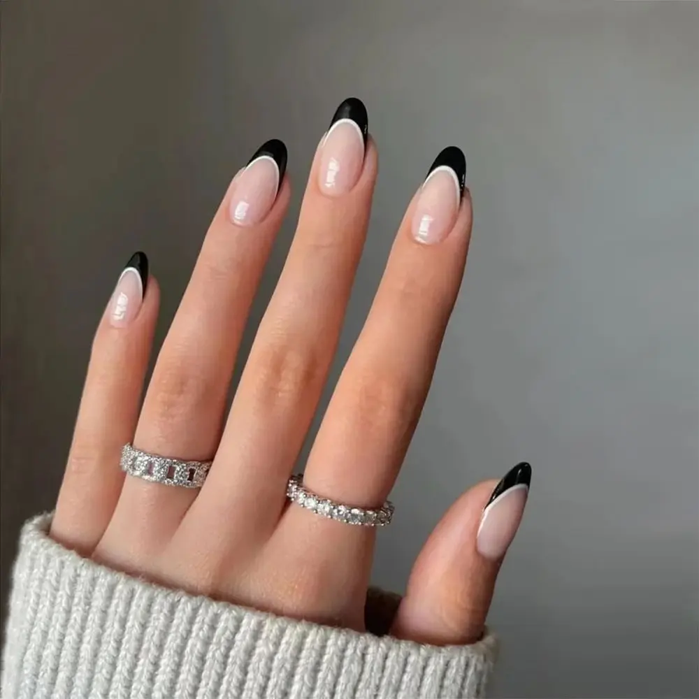 24PcsBlackAlmondFrenchFalseNailsStilettoFakeNailsFullCover