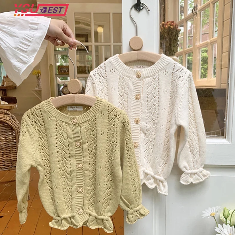 

Girl's Knit Cardigan Autumn Baby Girls Knitted Cardigan Sweaters Ruffles Cotton Toddlers Kids Solid Color Sweater Korean Style