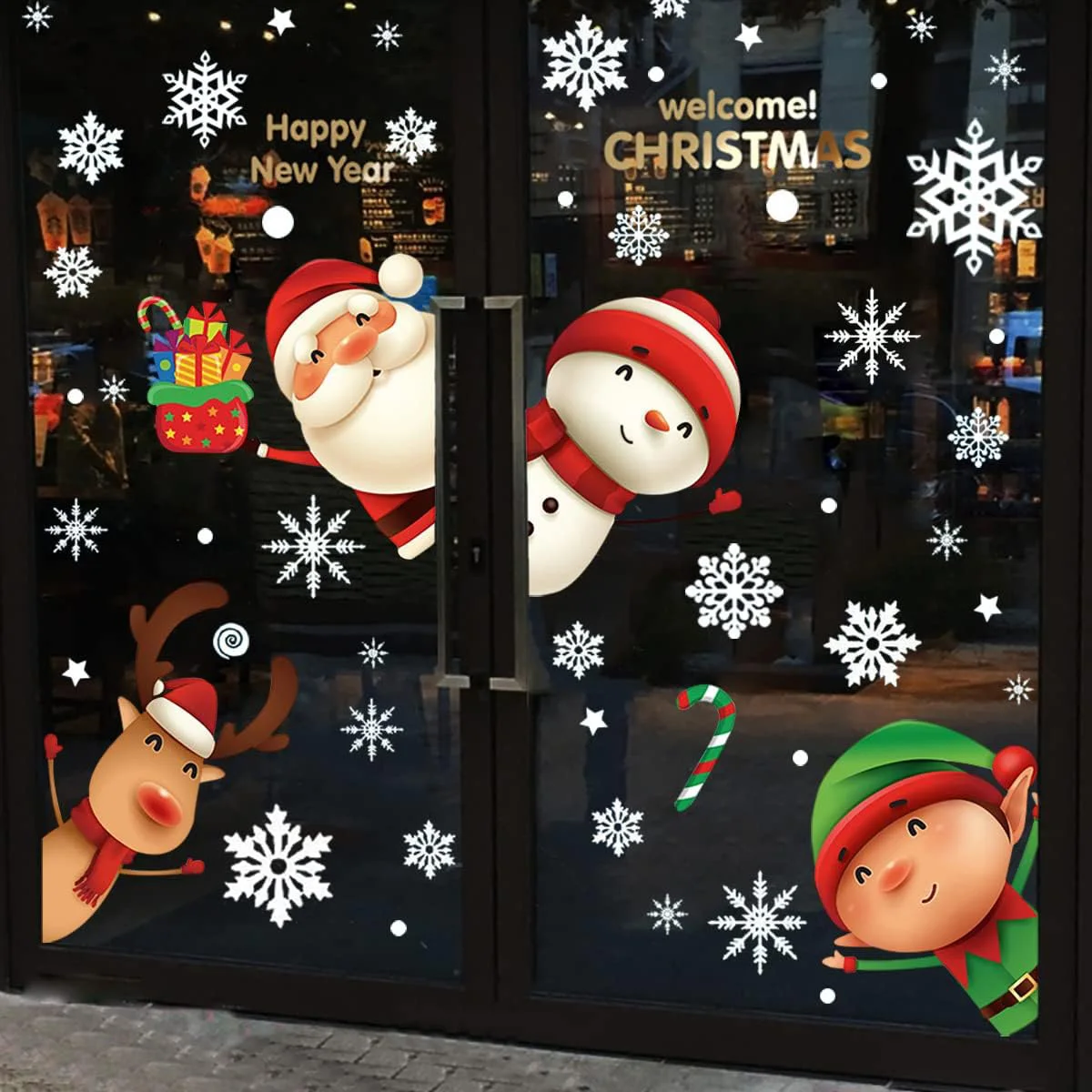 8 Stück Weihnachts-Fensteraufkleber, Weihnachts-Aufkleber, Dekorationen für den Innenbereich, Urlaub, Schneeflocke, Weihnachtsmann, Rentier-Aufkleber für Party – Detail 5