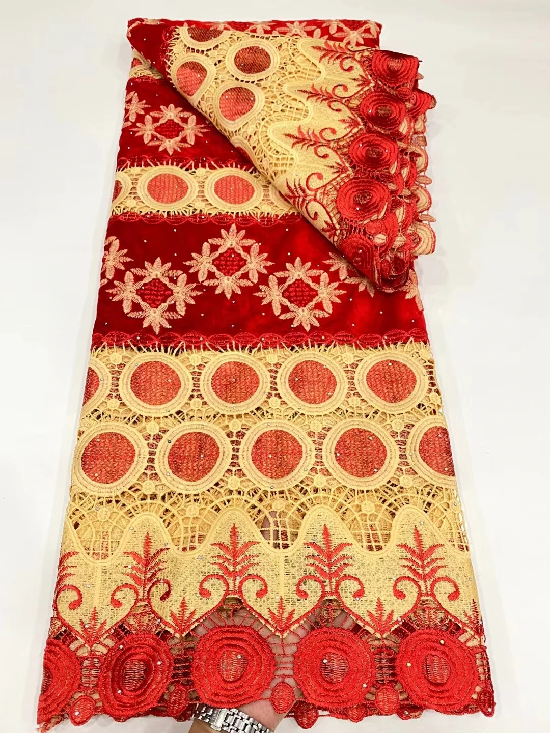 

NDPV04 Good Quality Embroidered Guipure Cord Lace in Red,Factory Price African Velvet Lace Fabric for Party/Wedding Dress!