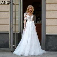 ANGEL Elegant A-Line Lace Wedding Dress Long Sleeves Scoop Neck Applique Bridal Gowns Button Plus Size Vestidos De Novia 1