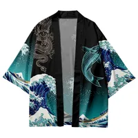 Kimono japonais pour hommes et femmes, carpe ondulée, manteau à motif imprimé 3D, Cardigan Haori traditionnel vert, vêtements de plage noirs japonais 4