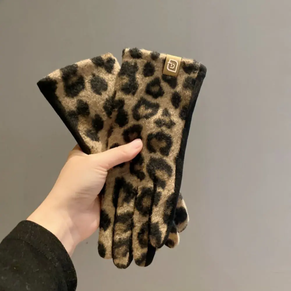 Cashmere Leopard Print Winter Gloves Touch Screen Skiing