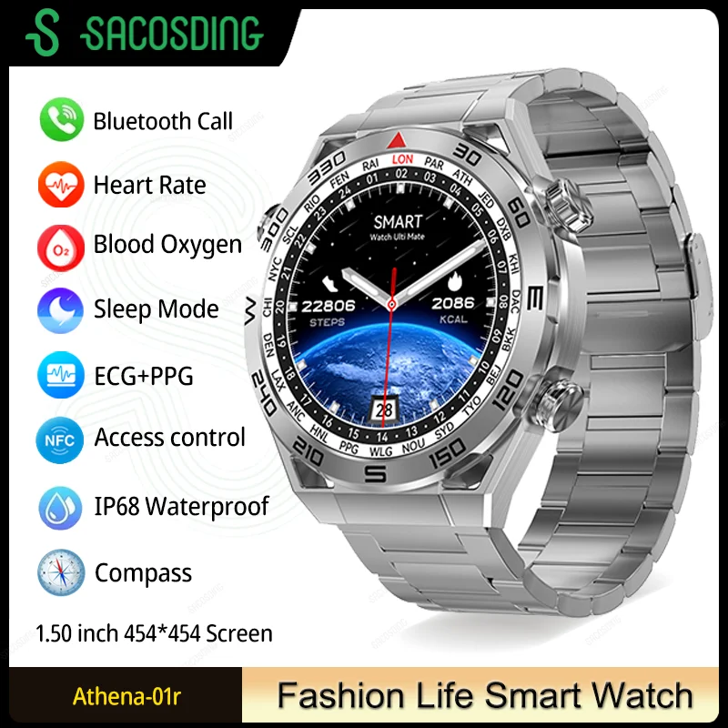 

GPS Smart Watch Men 1.5 Inch 454*454 HD resolution Voice Calling NFC Watches Compass IP68 Waterproof ECG Smartwatch For Android