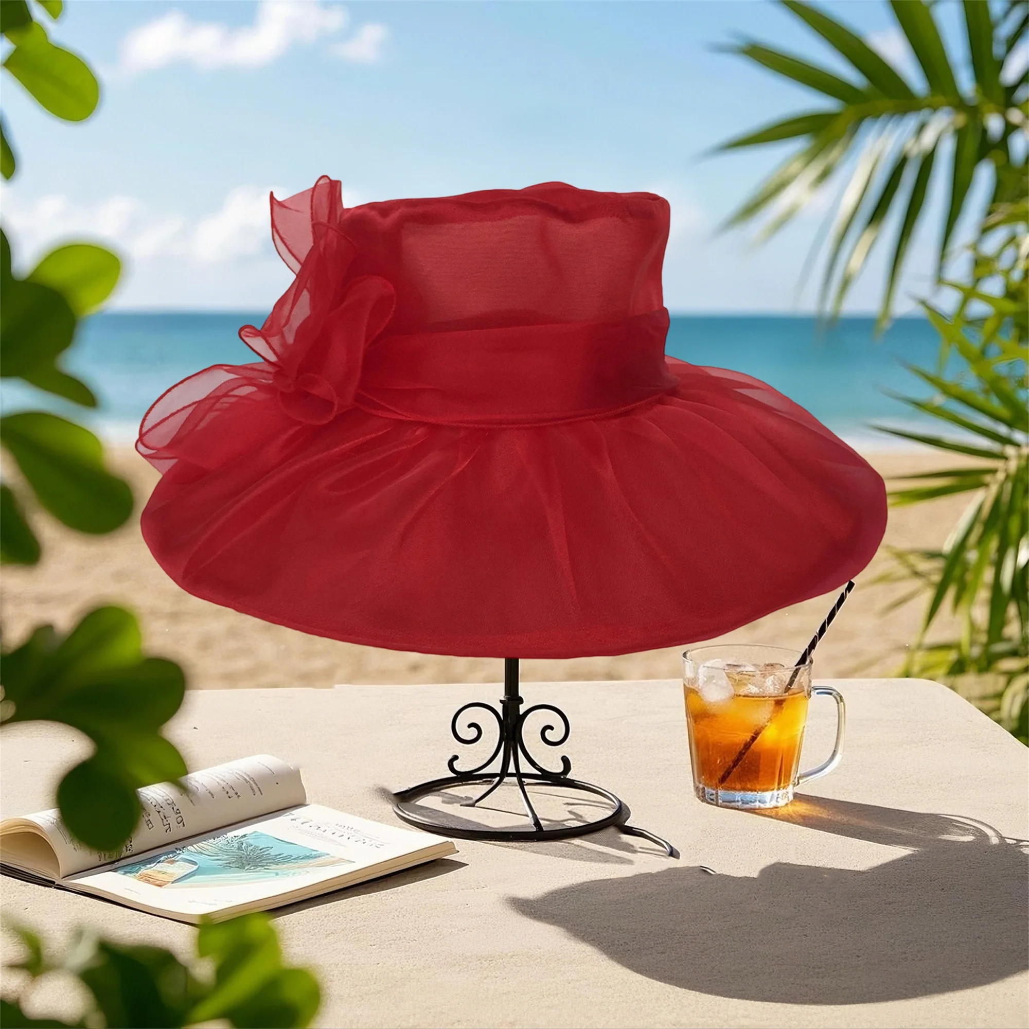 Elegant Floral Wide Brim Sun Hat with Bowknot Detail Stylish Derby Hat for Women at Summer Beach Party