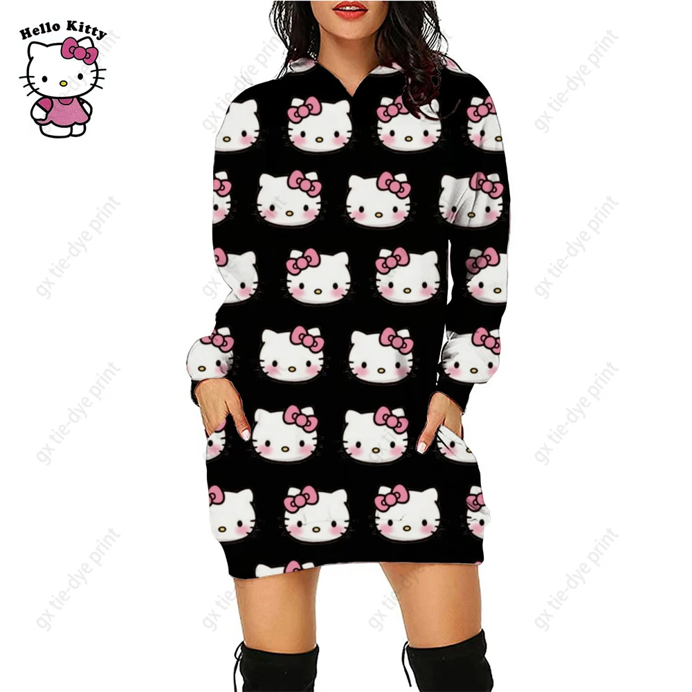 

Women Long Hoodie Dress Casual Loose Hello Kitty Print Outerwear Hoodies Ladies Long Sleeve Pocket Hooded Sweatshirt