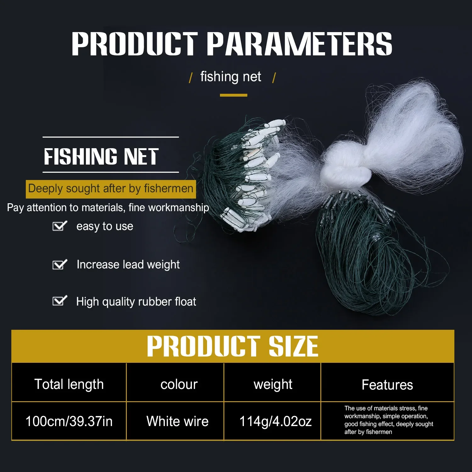 Fishing Net 100cm Soft Wire Trap Netting Premium Float Sea Fish Netting Tackle Baitcasters for Fishing