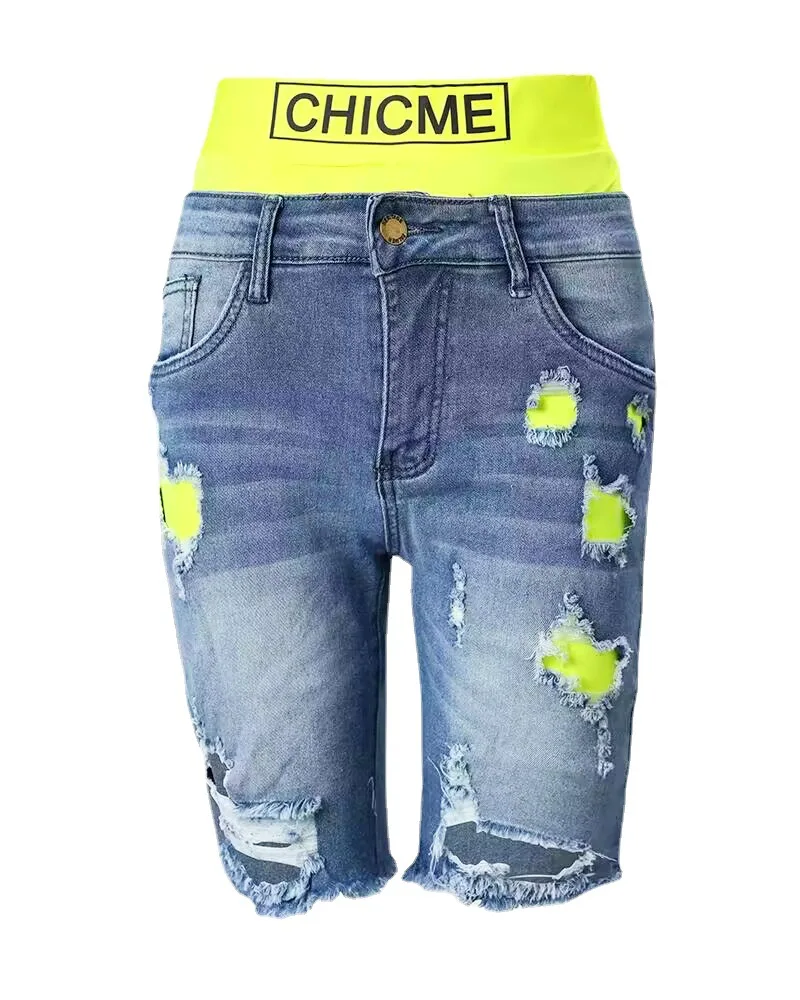 Y2K Summer Sexy Ripped Jeans Colorblock Letter Print Short Jeans Ripped Fake 2 Piece Denim Shorts Women Ripped Denim Shorts