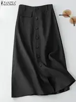 ZANZEA  Elegant Cotton Midi Skirts Casual Button Up A-line Skirt Women High Waist Jupe 2024 Summer Solid Temperament Falda Mujer - Image 5