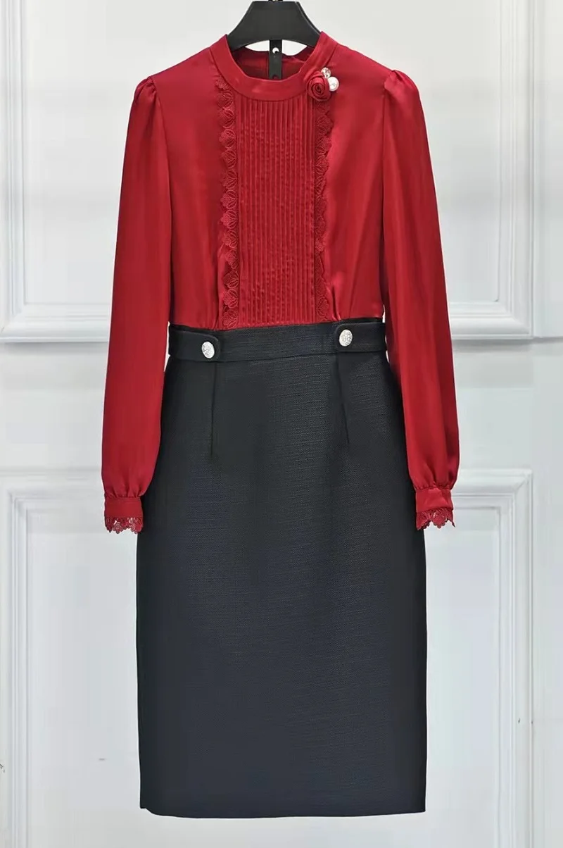 

High Quality Brand New Autumn Winter Dress 2022 Women Appliques Lace Embroidery Long Sleeve Midi Coffee Wine Red Black Dress