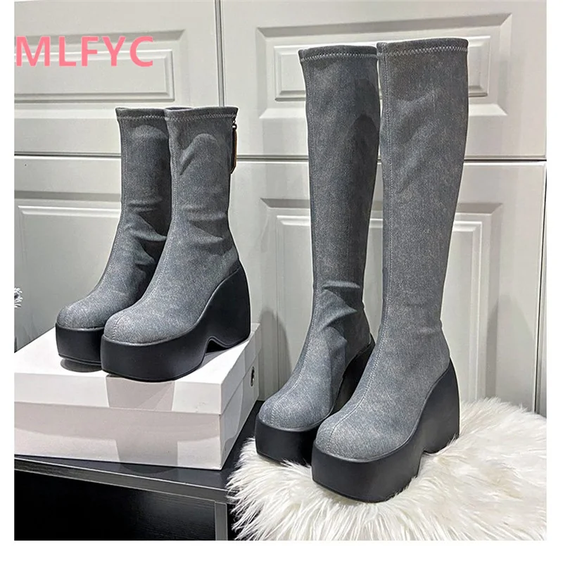 Internet celebrity Spicy Girls Fashion Boots Autumn/Winter Short Boots Women's Thick Sole Mid Sleeve Boots Elastic Slim Boots