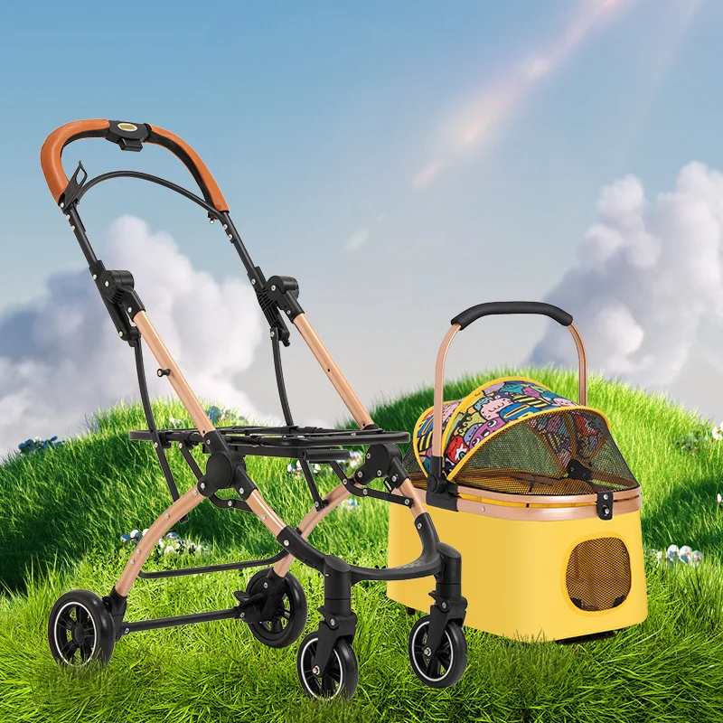 Cochecito 2 en 1 para mascotas, carrito desmontable con freno de dosel, plegable, portátil, con un clic, para perros medianos/grandes/gatos 6